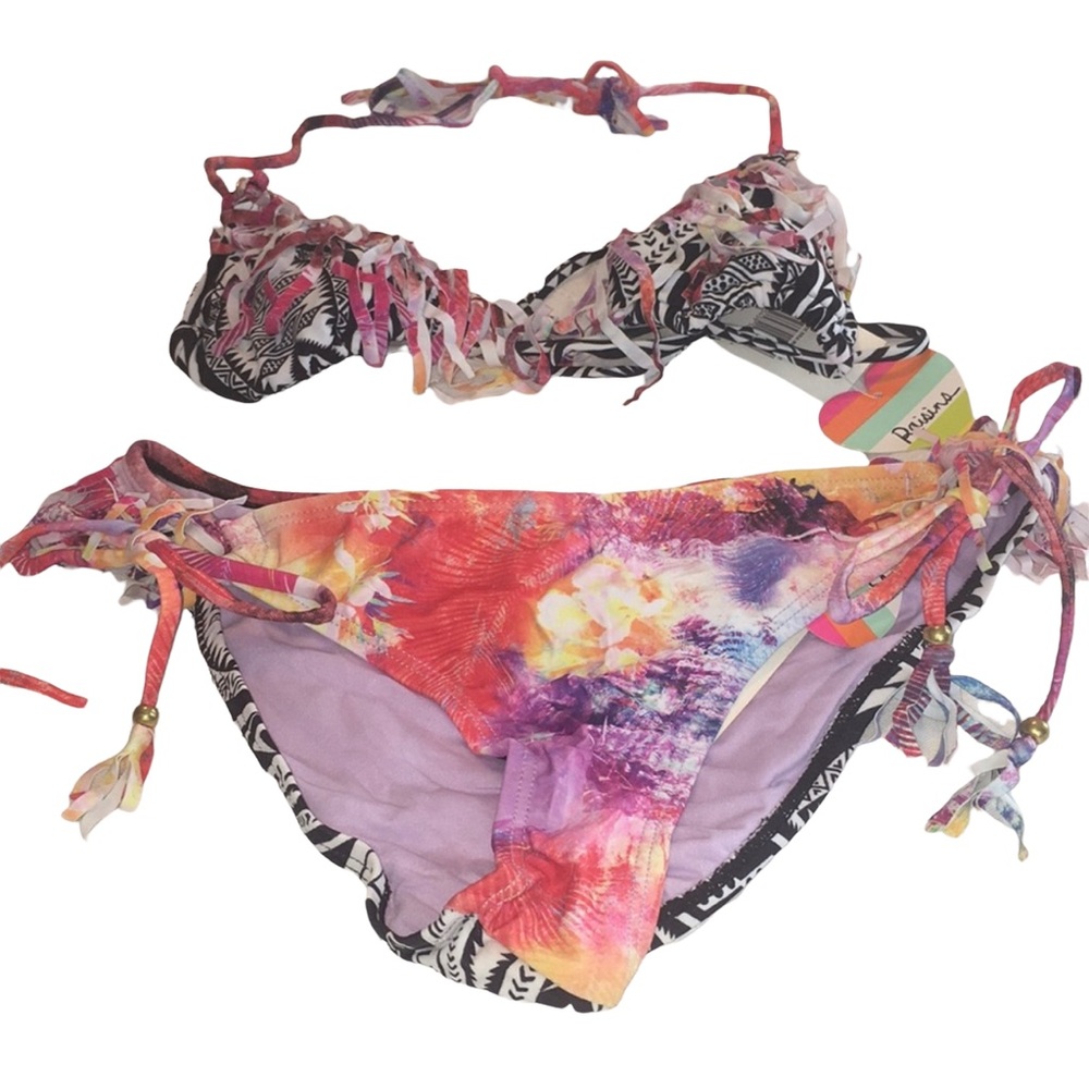Raisins Printed Slide Bra Bikini 👙 With Fringes Sz Small NWT